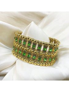 Stylish Vintage Gold With Green Rhinestone Stretch Bracelet