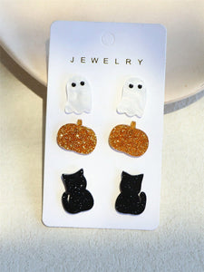 3 Pair Halloween Ghost, Pumpkin, and Black Hat Glittery Acrylic Earrings