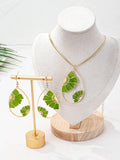 3pcs Green Water Drop Flower Petal Pendant Necklace and Earrings Set