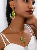 3pcs Green Water Drop Flower Petal Pendant Necklace and Earrings Set