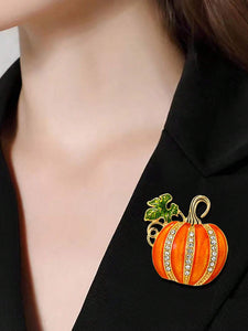 Orange Pumpkin Brooch Pin with Rhinestone Detail