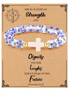 Blue Floral Porcelain Bead and Cross Stretch Bracelet