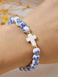 Blue Floral Porcelain Bead and Cross Stretch Bracelet