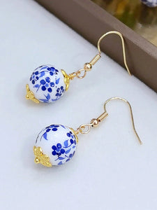 Blue Floral Porcelain Bead Earrings