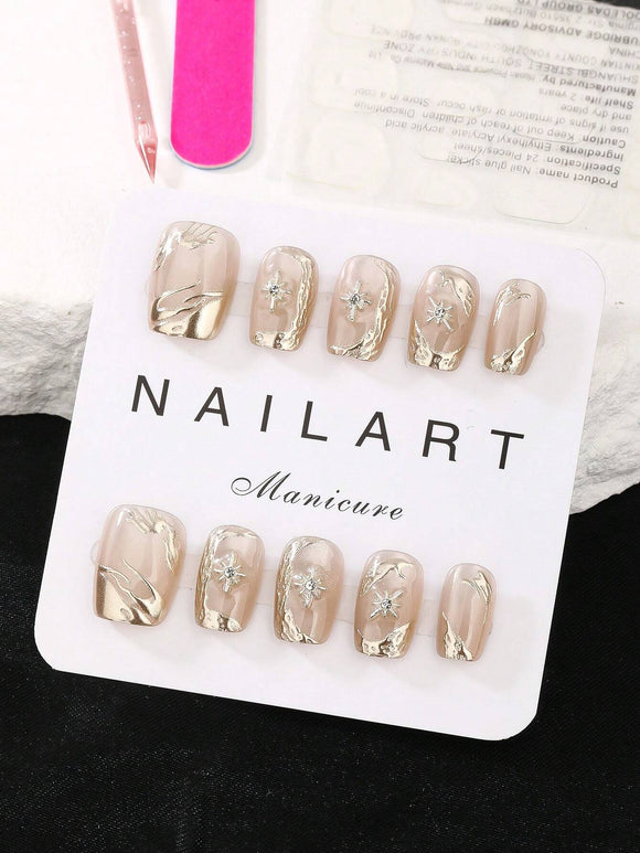 10 pc Gold and Rhinestone Short Ladder Style Nail Art Set