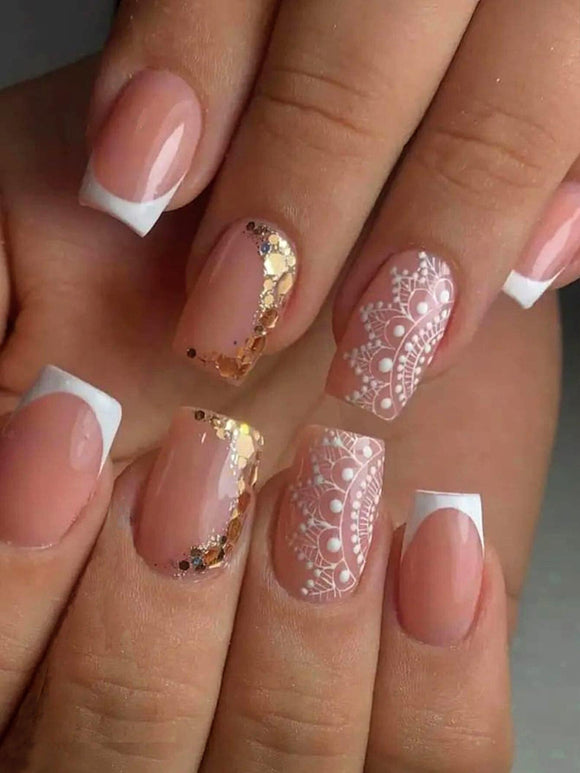 Mandala & Gold Glitter Short Square Nail Set