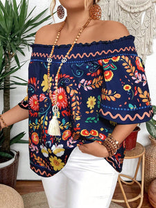 Navy Blue Off-Shoulder Floral Print Flounce Sleeve Blouse