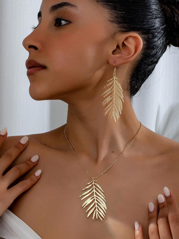 Gold Palm Leaf Necklace and Earring Set