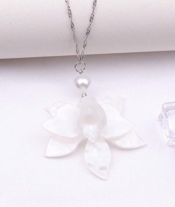 White Pearlescent Acrylic Floral necklace 16-18” Length