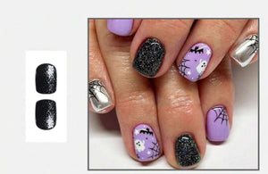 24 pc Black Glitter, Purple, and Silver Spiderweb Short Square Nail Set