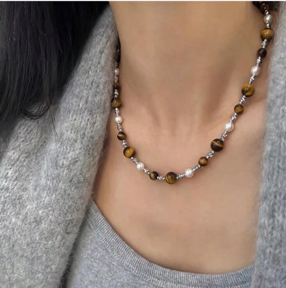 Natural Tiger Eye Stone and Pearl Necklace Silver Setting