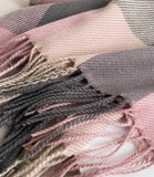 Pink and Gray Grid Pattern Plaid Fringe Scarf