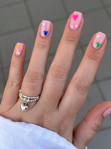 Multi Color Hearts Short Square Nail Set