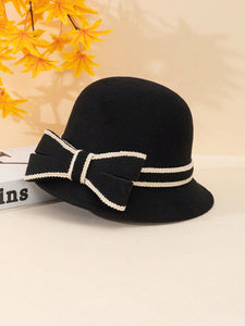 Black and White Bow Design Wool Felt Bucket Hat