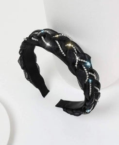 White Rhinestone Braided Black Chiffon Headband