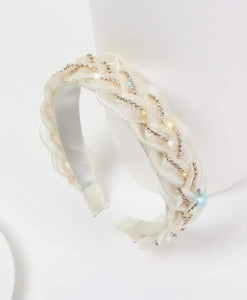 Gold Rhinestone Braided White Chiffon Headband