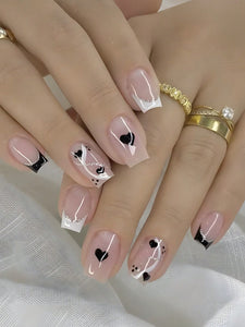 Black & Silver Glitter Heart Design Short Square Nail Set