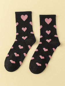 Black and Pink Heart Print Crew Socks