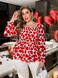 Valentine’s Day Heart Print Ruffle Sleeve Blouse