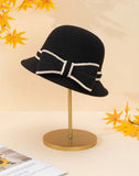 Black and White Bow Design Wool Felt Bucket Hat