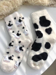 2 Pair Black and White Plush Cow Print Socks