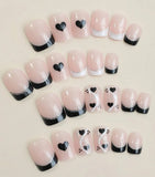 Black & Silver Glitter Heart Design Short Square Nail Set