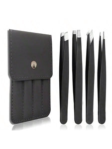 4 Pc Black Precision Tweezers Set