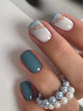 Teal Blue Solid and Marble Design Short Square Nail Set