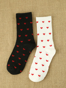 2 Pair Red Heart Print Black and White Crew Sock Set