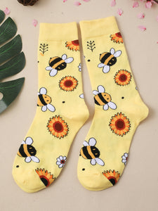 Sunflower and Bee Print Yellow Socks