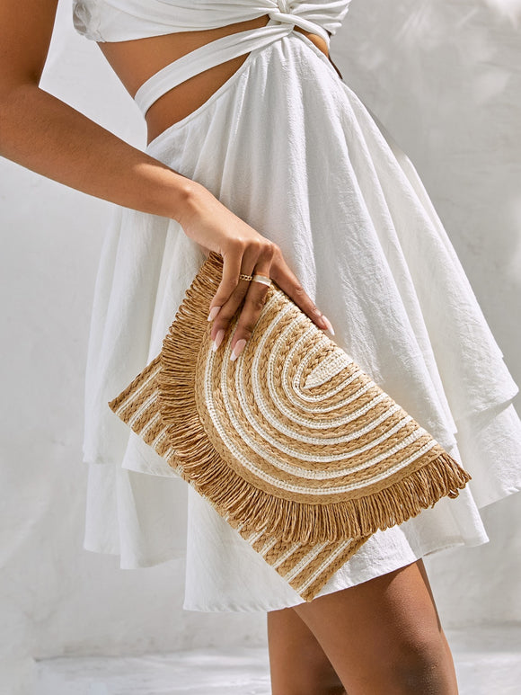 Khaki and White Striped Pattern Fringe Trim Flap Purse