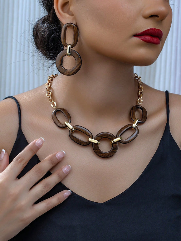 Brown Oval Woodgrain Acrylic Necklace and Earring Set