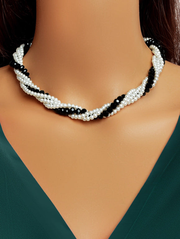 White Pearl and Black Rhinestone Twist Design Necklace