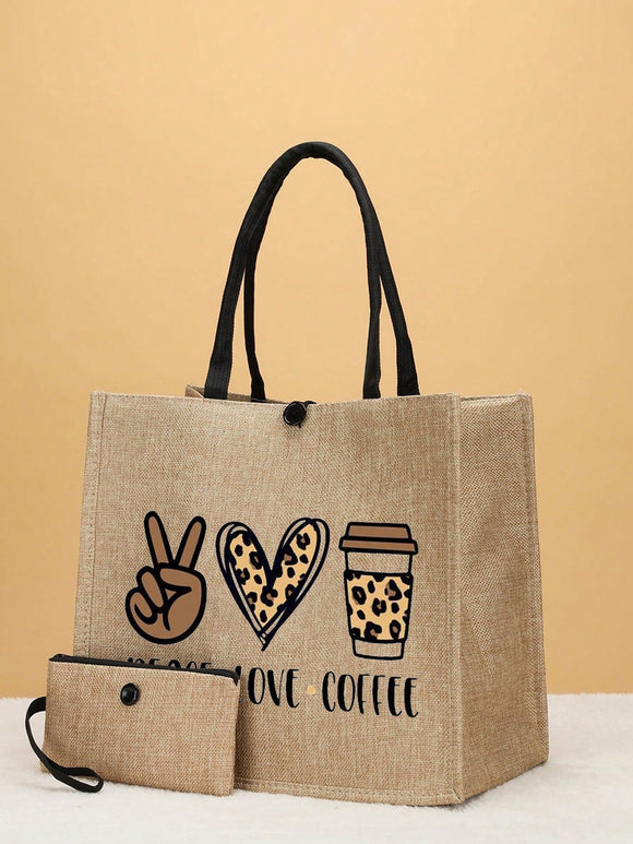 2 pc Peace Love Coffee Linen Tote Set