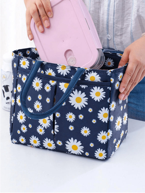 Navy Blue Daisy Print Tote Lunch Box Bag