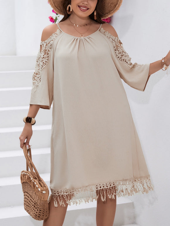 Khaki Cold Shoulder Fringe Hem Dress