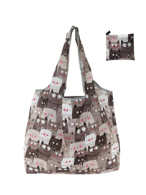 Gray and White Cat Print Large Capacity Shopping Bag