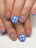 Bee and Flower Blue Checked Short Square Nail Set