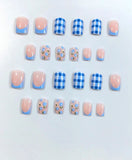 Bee and Flower Blue Checked Short Square Nail Set