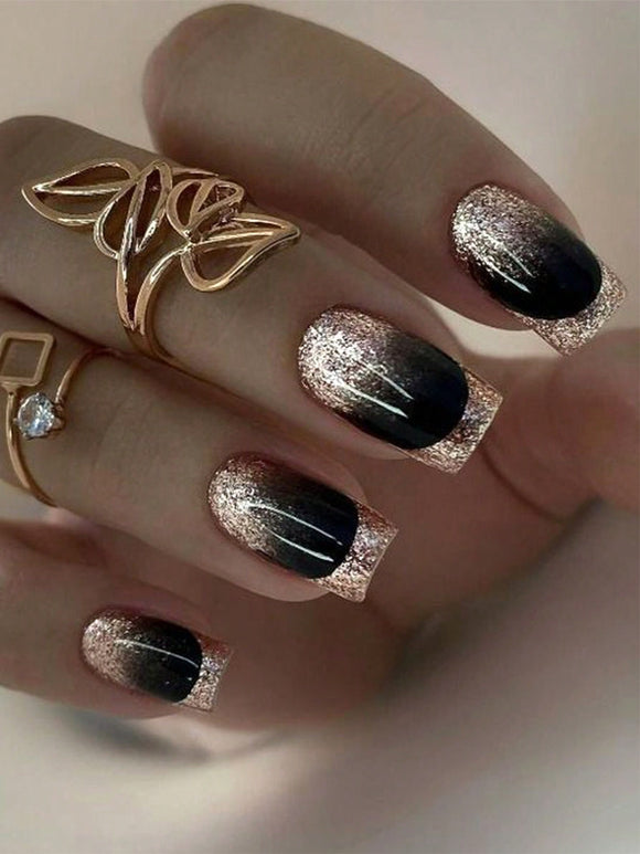 Black and Gold Glitter Short Square Nail Set