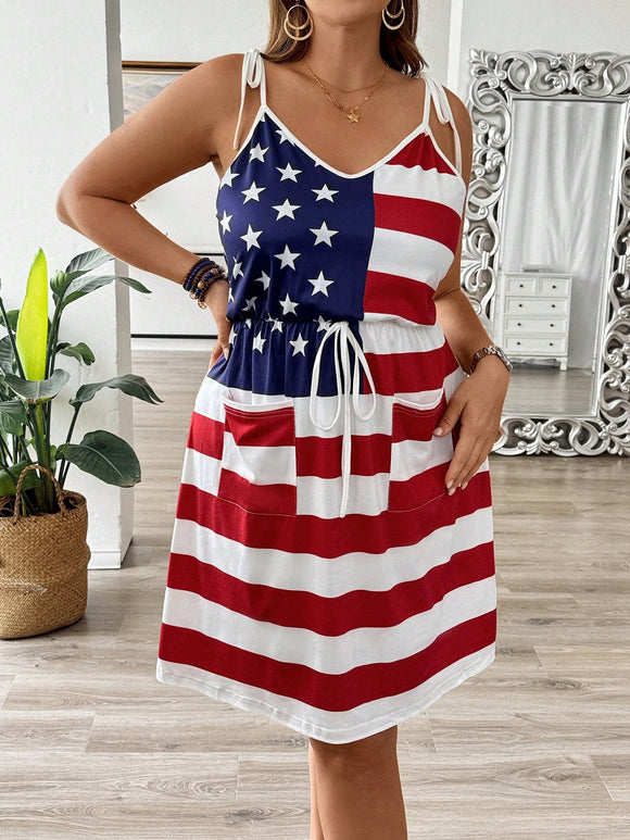 American Flag Printed Waist Tied Cami Dress