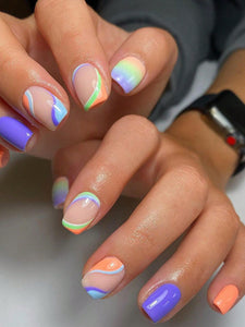 Multi Color Stripe Design Short Square Nail Set