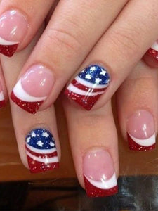 Patriotic Blue Stars and Red Glitter Tip Short Square Nail Set