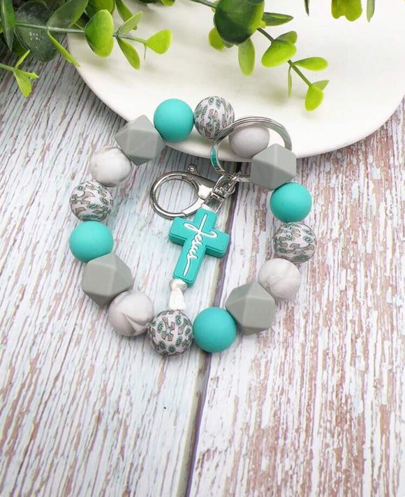 Mint and Grey Beaded Jesus Cross Wristlet Keychain