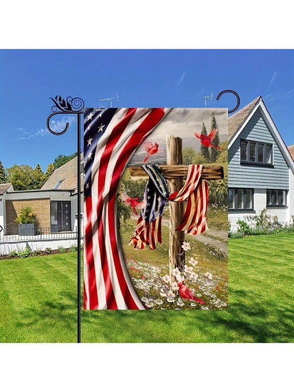 American Flag and Cross Design with Red Cardinal Detail Garden Flag