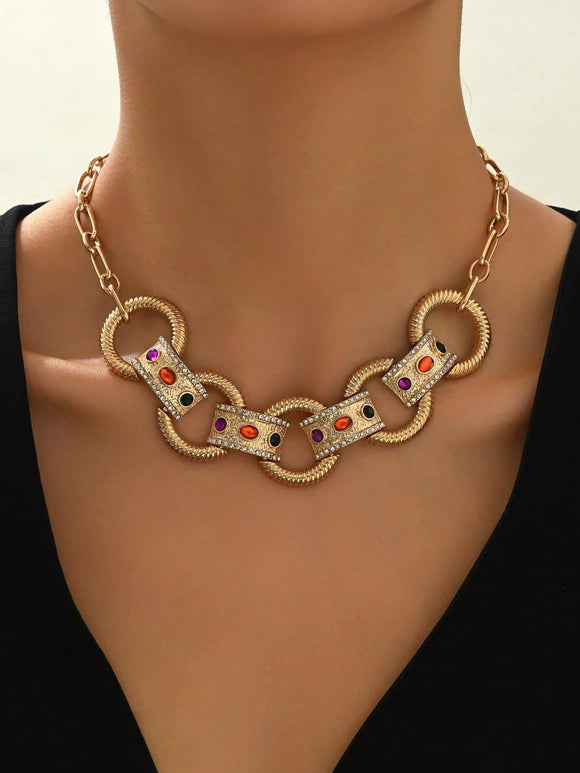 Multi Rhinestone Gold Chainlink Necklace