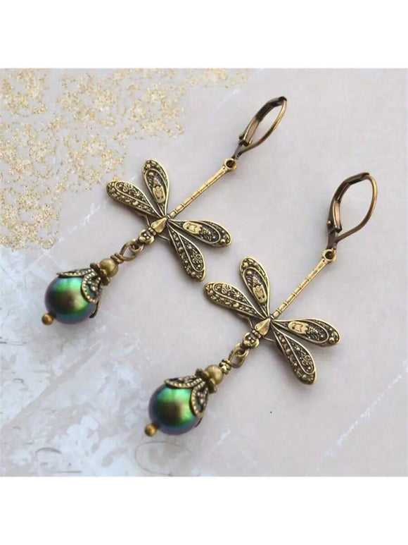 Vintage Bohemian Style Dragonfly & Green Faux Pearl Pendant Earrings