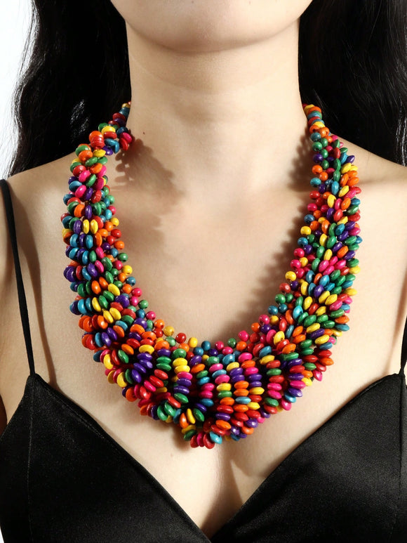 Multi Color Clustered Wooden Bead Necklace