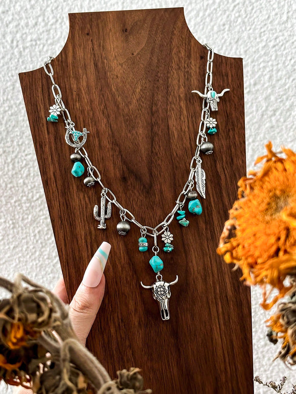 Steer Head Turquoise Beaded Southwestern Silver Necklace