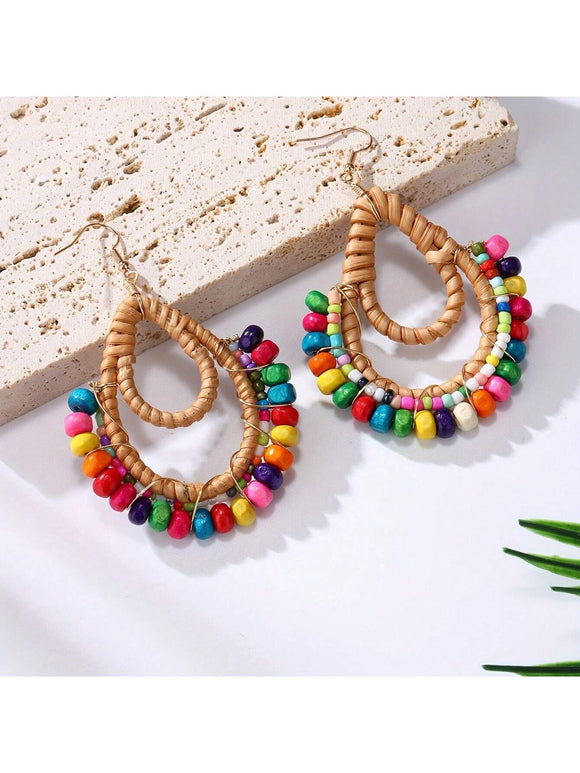 Bohemian Woven Rattan & Multi Color Wooden Bead Earrings